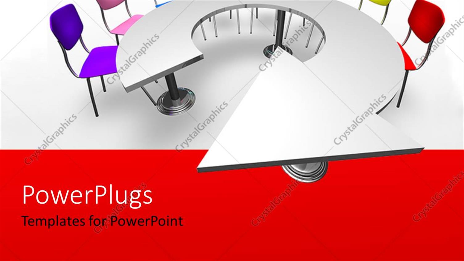 Featuring Brightly Colored Chairs Arranged ARound Round Arrow Shaped Table