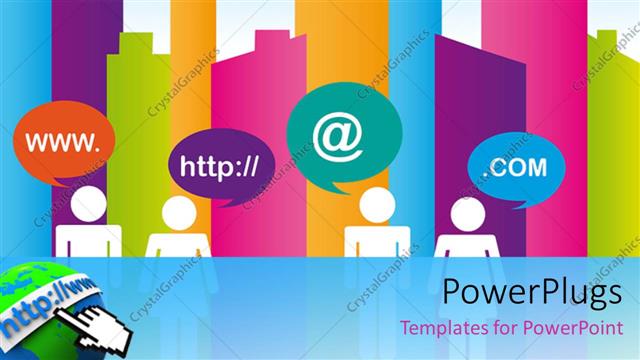  Presentation with retail - Brightly colored two dimensional cityscape and white figures with conversation bubbles and internet related lingo