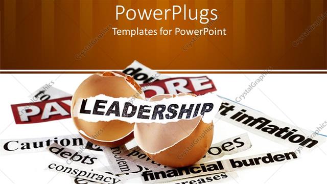  Presentation with eggshell - Broken eggshell with leadership word on small white paper piece and paper pieces with financial related words on white background