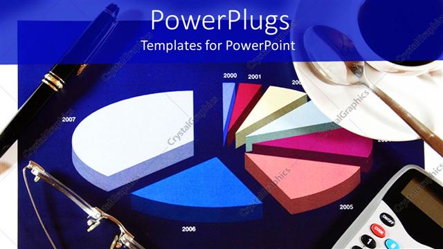  Presentation with meetings - Broken financial pie chart with calculator, coffee cup, pen and glasses, financial statements, meetings, business