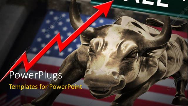  Presentation with market - Bronze bull over American flag with red financial chart and Wall Street signpost