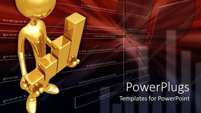  Presentation with performance - Bronze figure holding golden bar graph in dark red background