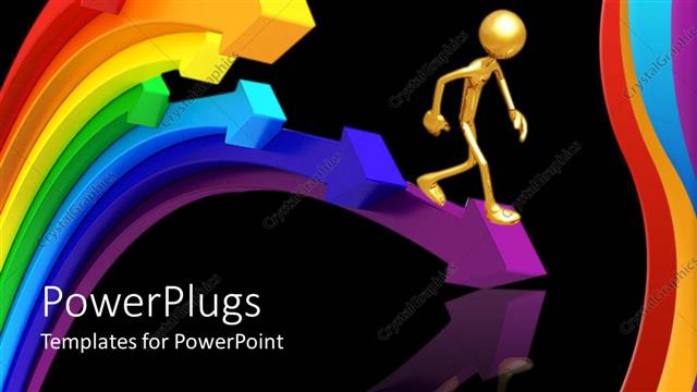  Presentation with purple - Bronze figure on purple arrow surrounded by multi-colored arrows