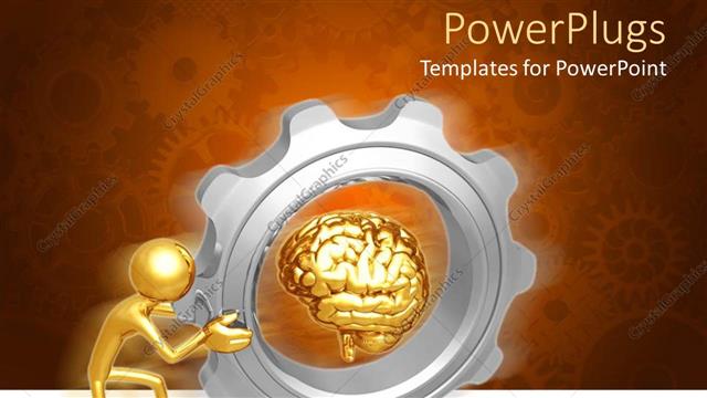  Presentation with brain - Bronze figure pushing gigantic gear with bronze brain at center