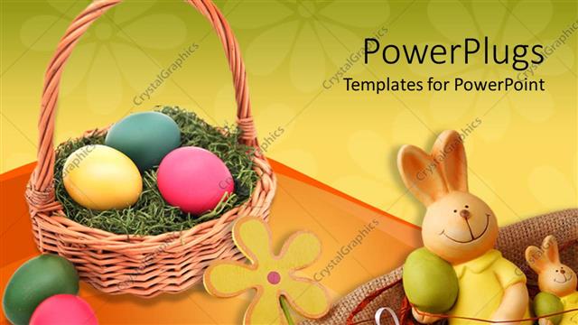  Presentation with easter basket - A brown basket filled with colorful ester eggs and an ester bunny
