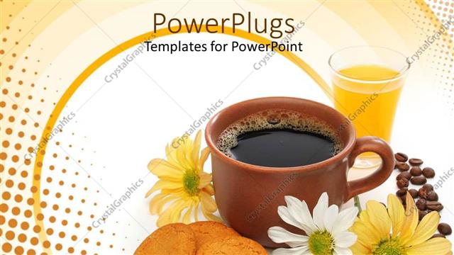  Presentation with coffee - A brown cup of coffee beside some biscuits and flowers