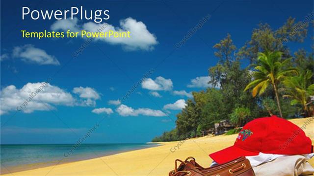  Presentation with water ocean - Brown shoes, red cap over bright clothing on a sandy beach with palm tree and trees, ocean water and blue sky