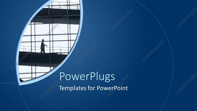  Presentation with architectural - Building constructing and a man walking through the layered architectural walkway in a small depiction surrounded by bold blue background