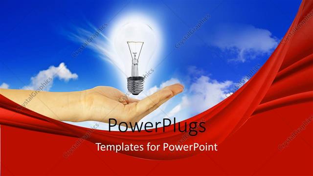  Presentation with bulb - Glowing light bulb in hand over blue cloudy sky