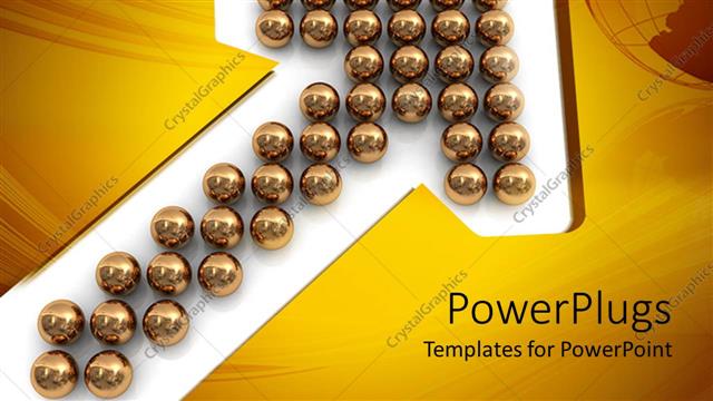  Presentation with spheres - Bunch of reflective gold spheres arranged in upward pointing arrow on white background