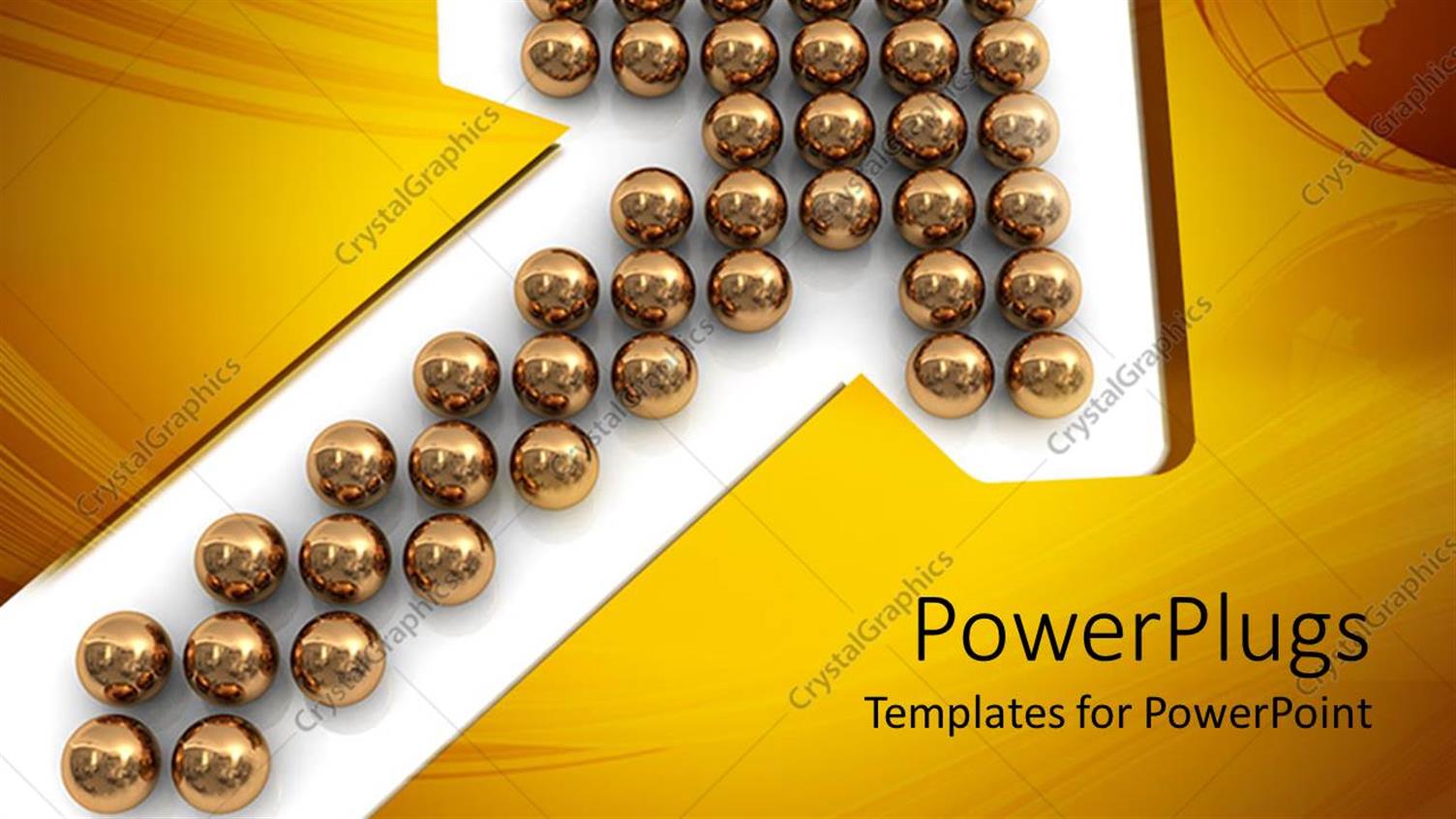 Featuring Bunch of Reflective Gold Spheres Arranged in Upward Pointing Arrow on White Background