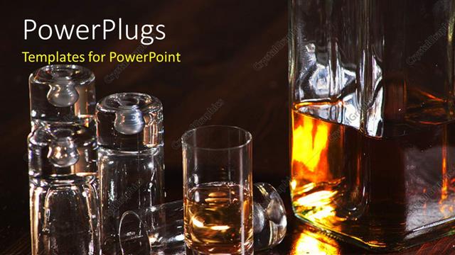  Presentation with bunch - A bunch of shot glasses and a bottle of whiskey on a old wood table