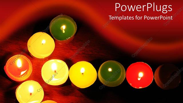  Presentation with votive - Burning multicolored votive candles arranged in arrow on dark background