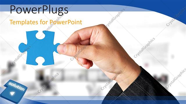  Presentation with best solution - Hand holds blue puzzle piece with solution tag in background