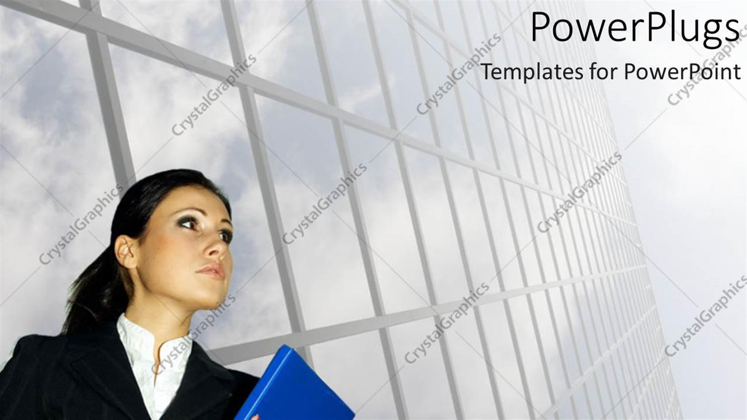 Featuring Business Corporate Looking Lady Holding a Blue File on a White Background