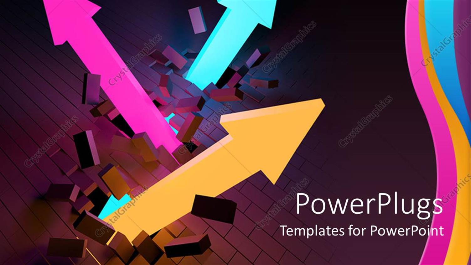 Featuring Business Growth Upward Trend Metaphor with Pink, Orange and Aqua Arrows Breaking Through Wall
