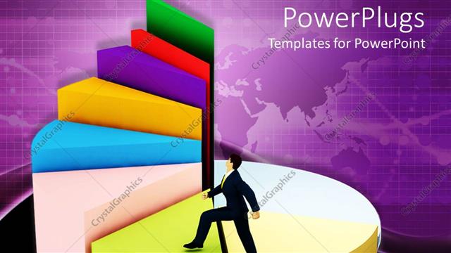  Presentation with climbing chart - Business man in black suit climbing up a pie chart consisting of spiral stairs, depicting concept of success with plain world map on purple background