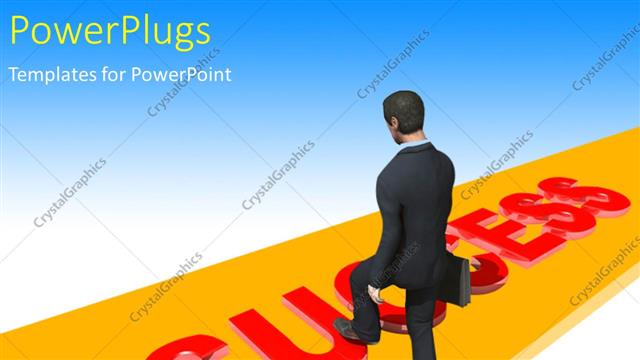  Presentation with business success - Business man with briefcase climbs onto red word Success