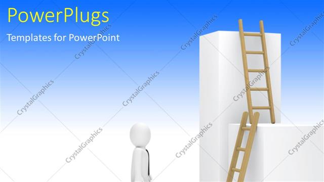  Presentation with stairs - Business man with briefcase looking at ladder against white platform?