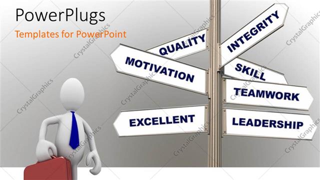  Presentation with good - Business man with briefcase with sign sign post showing good business traits