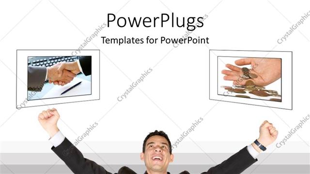  Presentation with success business - Business man celebrating success, handshake, hands with coins