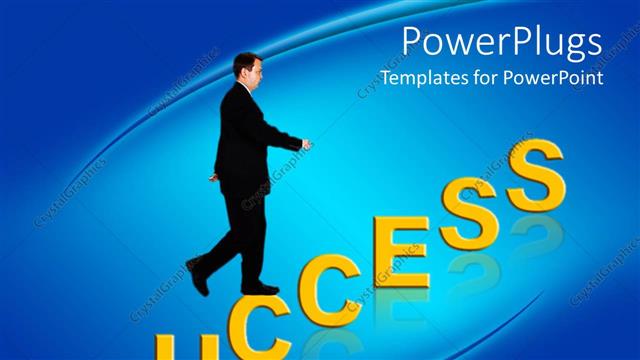  Presentation with business success - Business man climbing up a Success text on a blue background