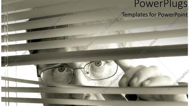  Presentation with vertical - Business man executive peeking through vertical blinds