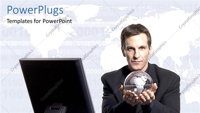  Presentation with business office desk - Business man holding glossy gray globe in hands sitting at office desk with computer monitor and keyboard, world map in the background