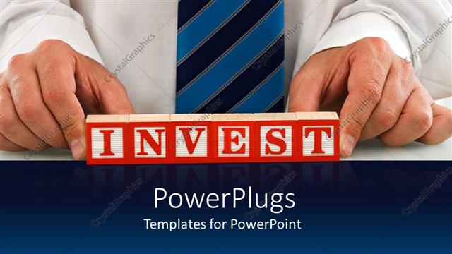  Presentation with invest - Business man holding wooden cubes between hands with red word invest