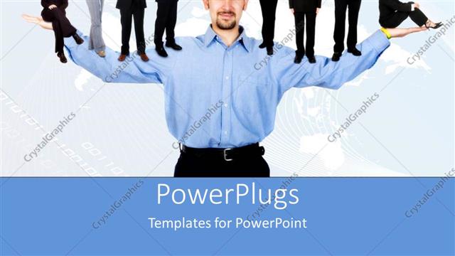  Presentation with team hands - Business man with opened arms holding business people on hands