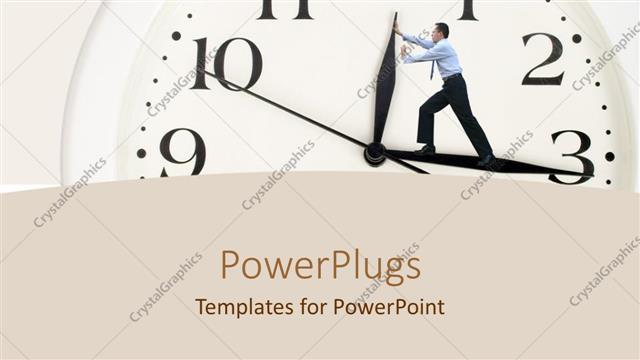  Presentation with clock - Business man pushing back the hand of large clock