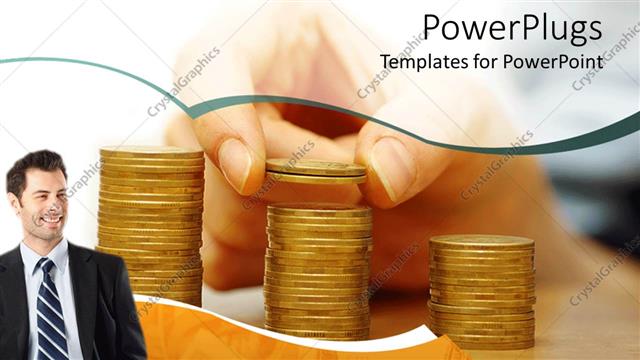  Presentation with golden woman - Business man smiling and woman hand building stack of golden coins