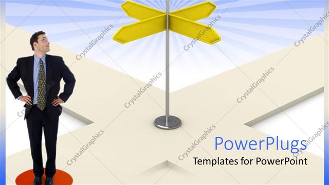  Presentation with orange arrows - Business man standing on orange circle and looking through signpost with four yellow arrows pointing in four directions with red question mark above them