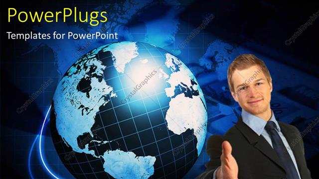  Presentation with stretching - A business man stretching out his hand for a handshake with a globe beside him
