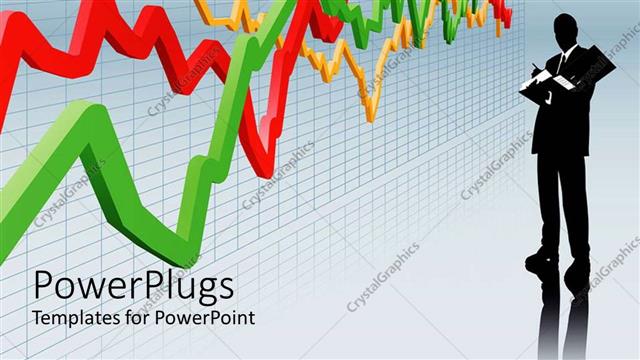  Presentation with yellow green - Business man in suit standing next to large line chart in red, yellow, green