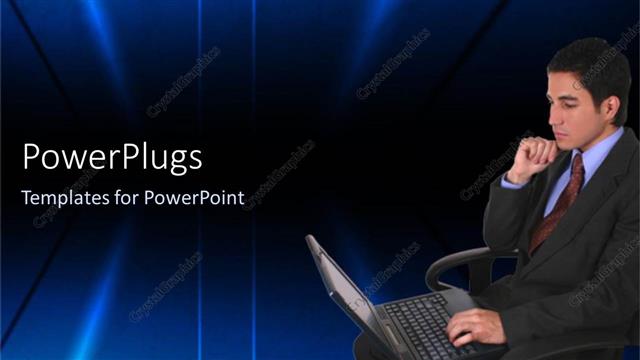  Presentation with black business - Business man in suit thinking while using laptop, blue and black background
