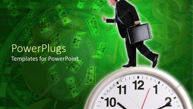  Presentation with time money - Business man with suitcase running on top of an alarm clock and money bills on green background