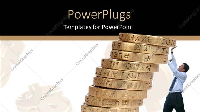  Presentation with pile - Business man supporting pile of coins to prevent them from falling