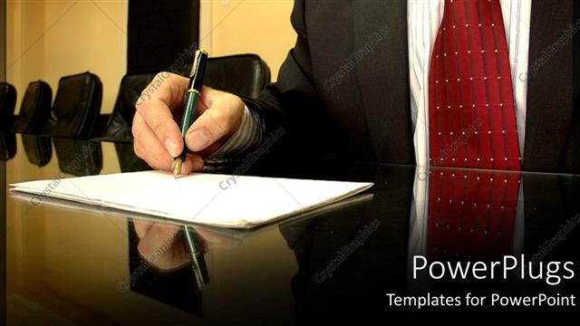  Presentation with board meeting - Business man taking notes on paper at conference room table in board room, meeting, executive