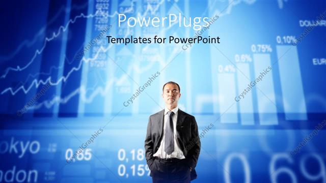  Presentation with stock exchange - A business man with a text that spells out the word 