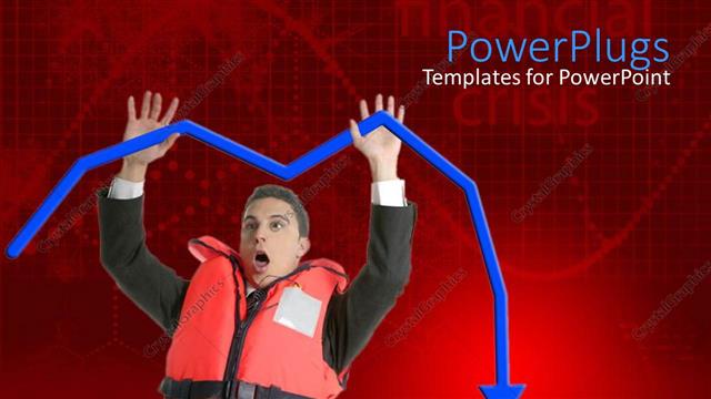  Presentation with lifesaver - Business man wearing lifesaver jacket with raised hands holding falling blue arrow