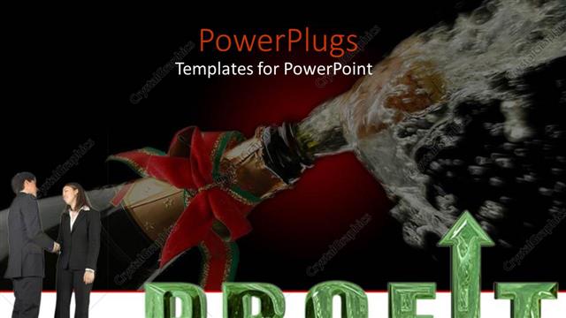  Presentation with business profit - Business man and woman shaking hands next to word Profit in front of just opened champagne bottle