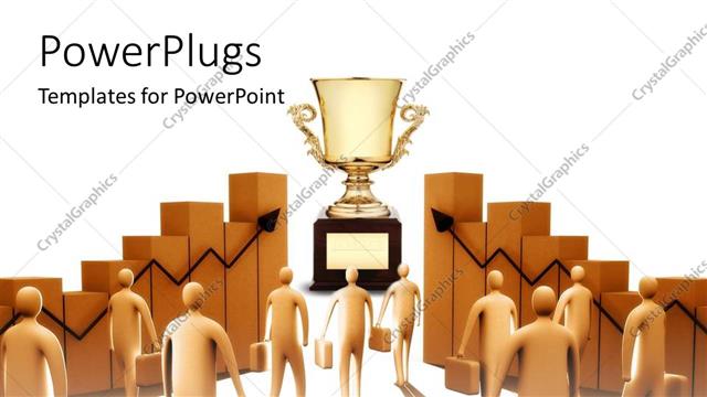  Presentation with business success - Business men heading towards goal trophy aiming for success with white background