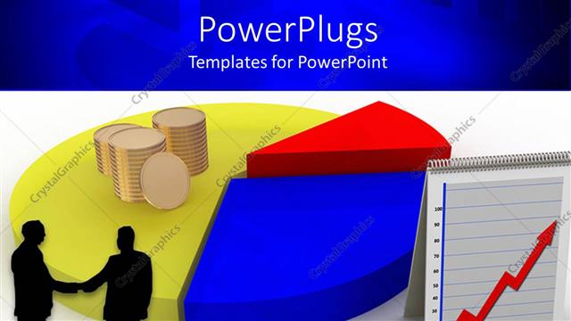  Presentation with shaking hands - Business men shaking hands with stack of gold coin on colored pie chart