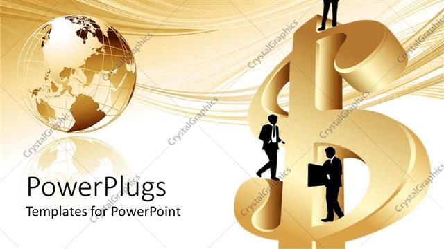  Presentation with gold dollar sign - Business men standing on gold dollar sign, gold globe world