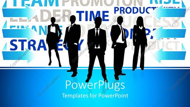  Presentation with business women - Business men and women dressed formally pose on blue and white background