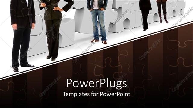  Presentation with puzzle team - Business men and women posses in front of jigsaw puzzle pieces