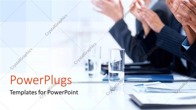  Presentation with appreciation business - Business people applauding with glasses of water and notes on desk