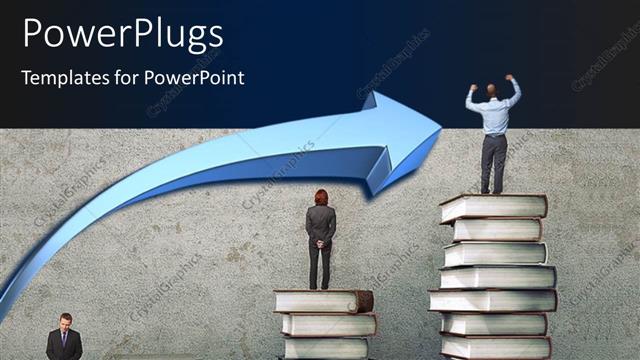  Presentation with pile - Business people on books pile looking for new opportunities with blue color