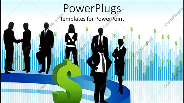  Presentation with end - Business people displayed on a row on a blue bended arrow with green 3D dollar sign at the end of arrow